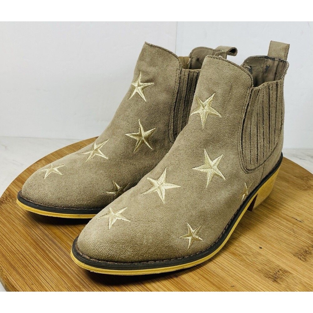 MI.IM Chelsea Ankle Boots Women SZ6 EMBRD STARS Starry Night Suede PullOn Brown